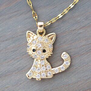 Cat Pave with Diamond CZ Stones Pendant Necklace 18k Gold Plated Stainless Steel